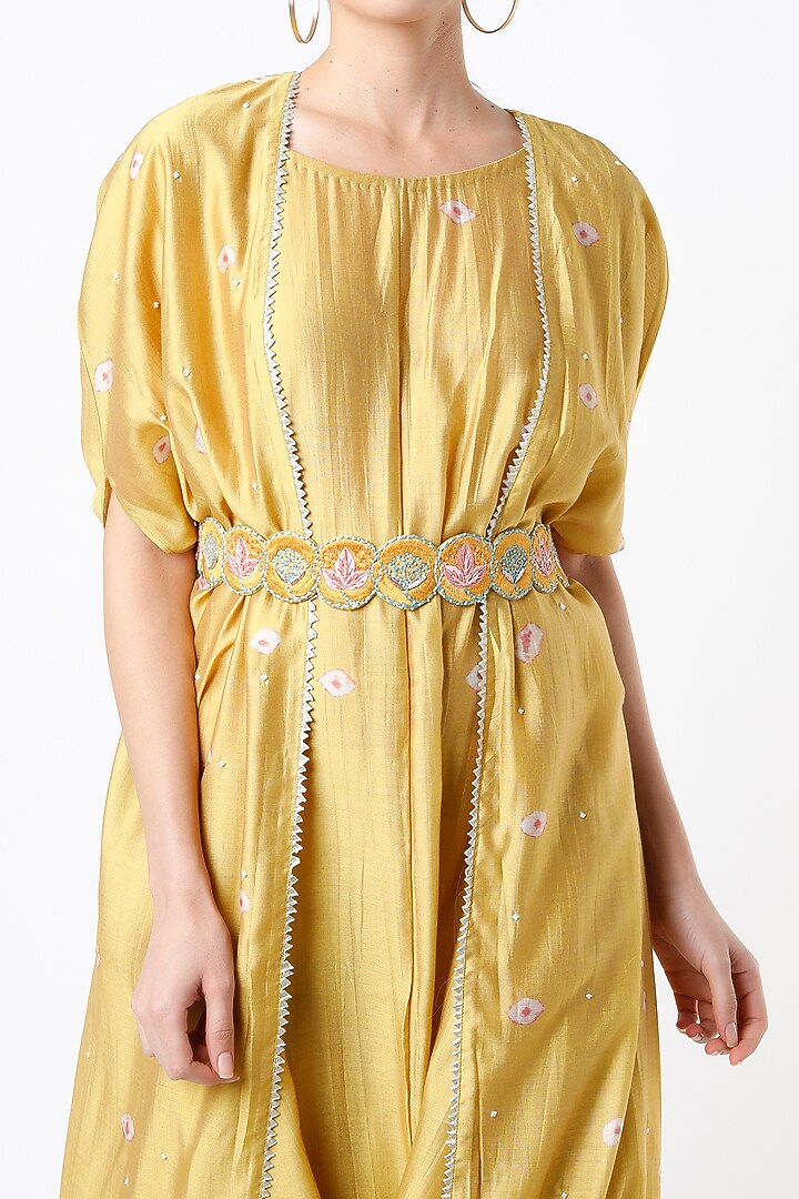 Mustard Bandhani Party Wear Gown With Cardigan by 17:17 at Pernia's Pop Up Shop