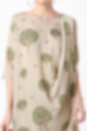 Earthy Beige Printed Pleated Kurta Set by 17:17 at Pernia's Pop Up Shop