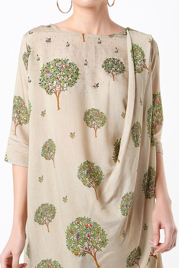 Earthy Beige Printed Pleated Kurta Set by 17:17 at Pernia's Pop Up Shop