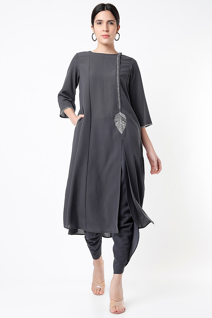 Dark Grey Tussar Silk Kurta Set by 17:17 at Pernia's Pop Up Shop