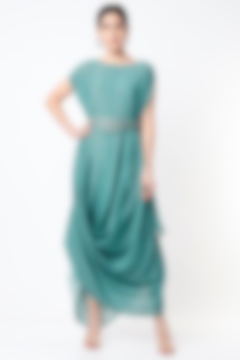 Coastal Blue Tussar Silk Party Wear Gown With Belt by 17:17 at Pernia's Pop Up Shop