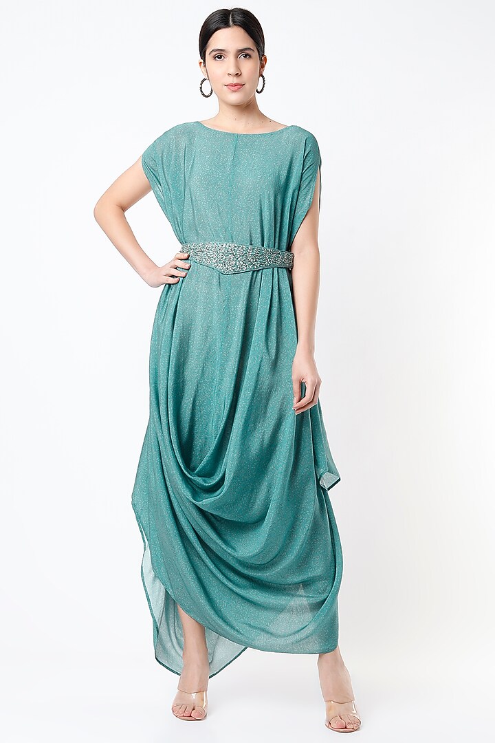 Coastal Blue Tussar Silk Party Wear Gown With Belt by 17:17 at Pernia's Pop Up Shop