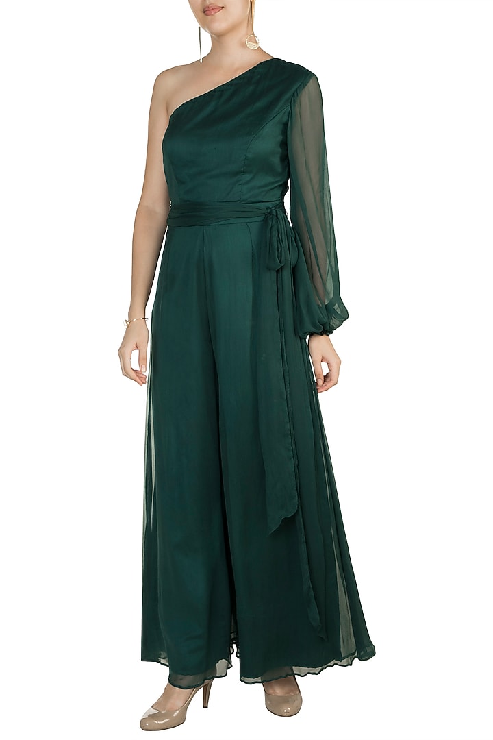 Teal Green One Shoulder Jumpsuit by In my clothes by Shruti S at Pernia's Pop Up Shop