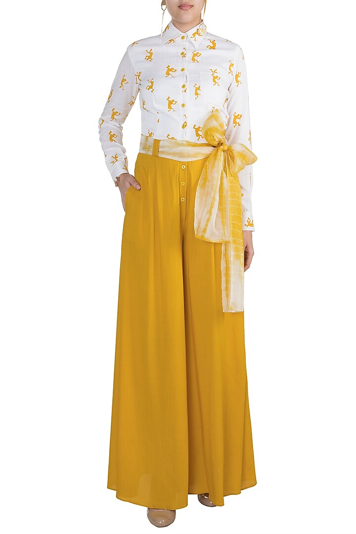 Mustard Hand Painted Jumpsuit With Tie-Up Belt by In my clothes by Shruti S at Pernia's Pop Up Shop