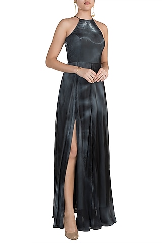 Black Tie-Dye Halter Neck Maxi Dress by In my clothes by Shruti S