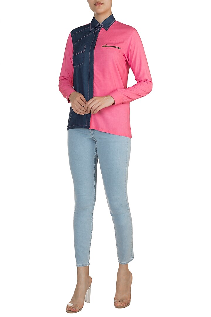 Pink Half & Half Denim Shirt by In my clothes by Shruti S at Pernia's Pop Up Shop