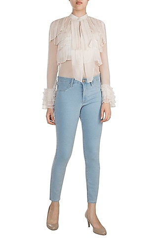 Ivory Sheer Ruffled Shirt by In my clothes by Shruti S