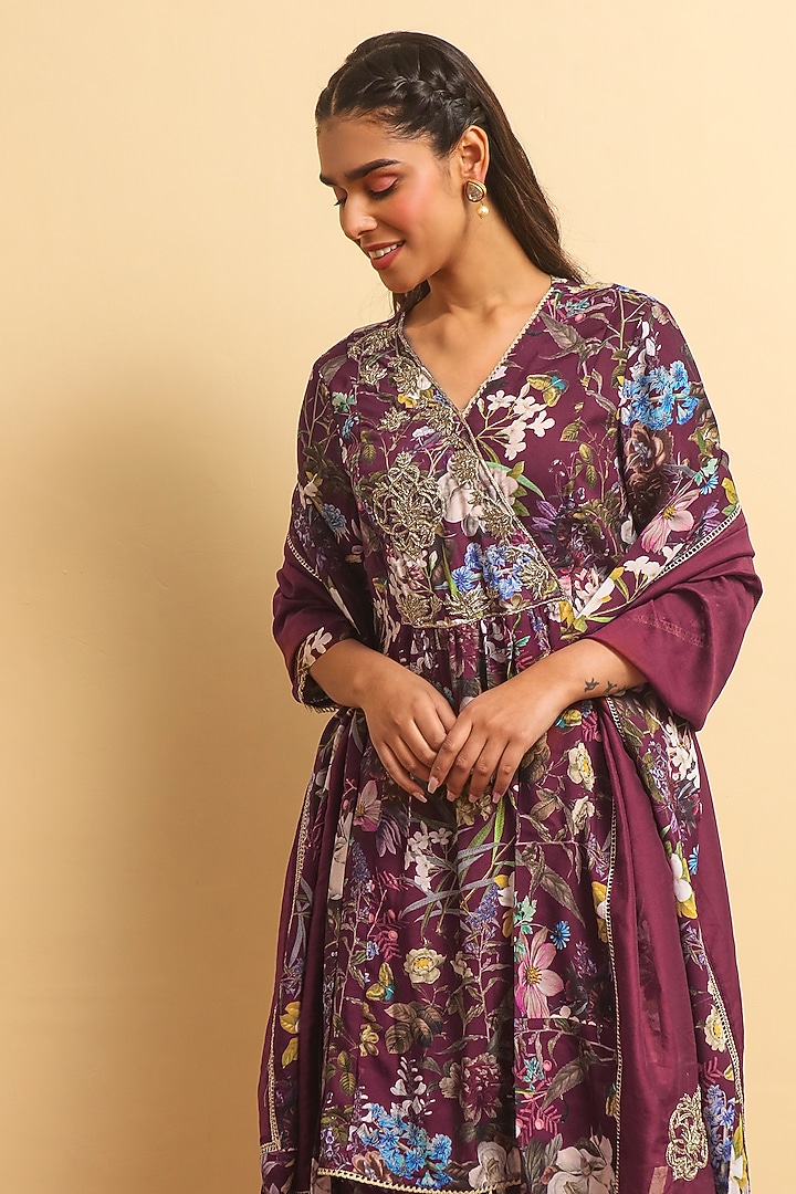 Wine Silk Bemberg Hand Embroidered Kurta Set by Sage Saga at Pernia's Pop Up Shop