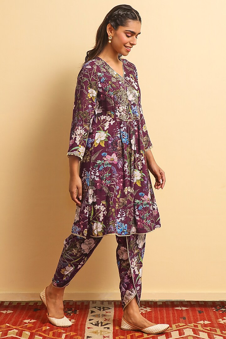 Wine Silk Bemberg Hand Embroidered Kurta Set by Sage Saga at Pernia's Pop Up Shop