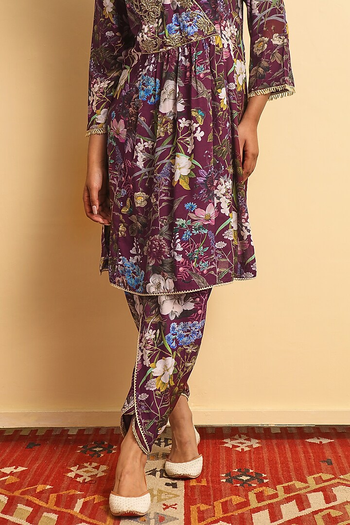 Wine Silk Bemberg Hand Embroidered Kurta Set by Sage Saga at Pernia's Pop Up Shop