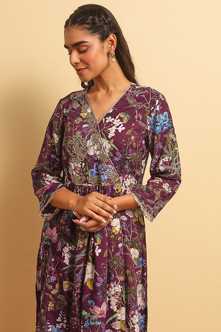 Wine Silk Bemberg Hand Embroidered Kurta Set by Sage Saga at Pernia's Pop Up Shop