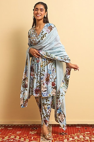 Grey Blue Silk Bemberg Hand Embroidered Kurta Set by Sage Saga
