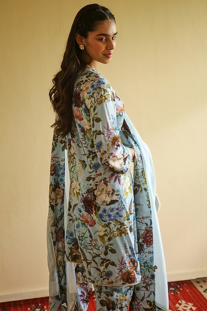 Grey Blue Silk Bemberg Hand Embroidered Kurta Set by Sage Saga at Pernia's Pop Up Shop