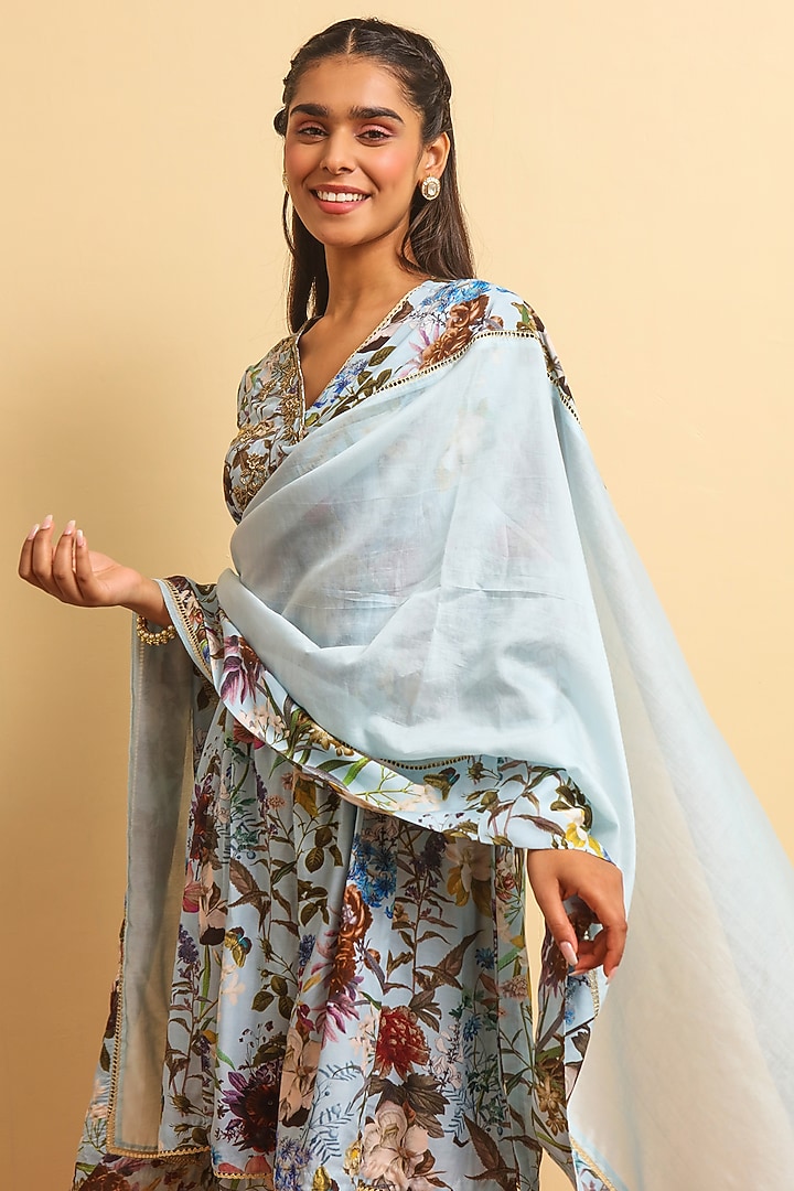 Grey Blue Silk Bemberg Hand Embroidered Kurta Set by Sage Saga at Pernia's Pop Up Shop