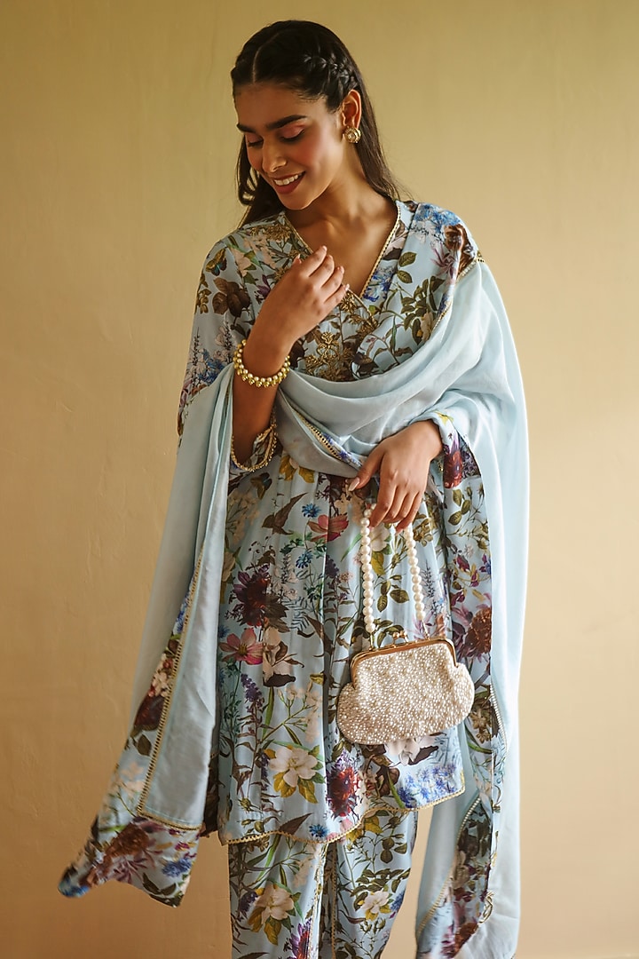 Grey Blue Silk Bemberg Hand Embroidered Kurta Set by Sage Saga at Pernia's Pop Up Shop