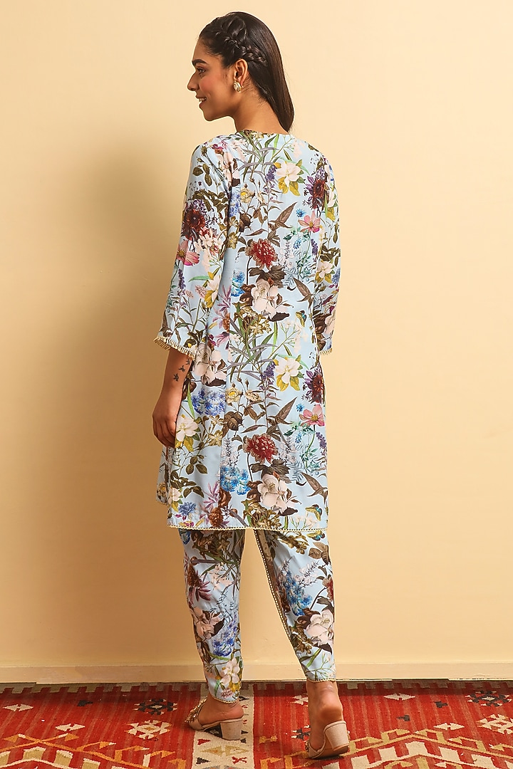 Grey Blue Silk Bemberg Hand Embroidered Kurta Set by Sage Saga at Pernia's Pop Up Shop