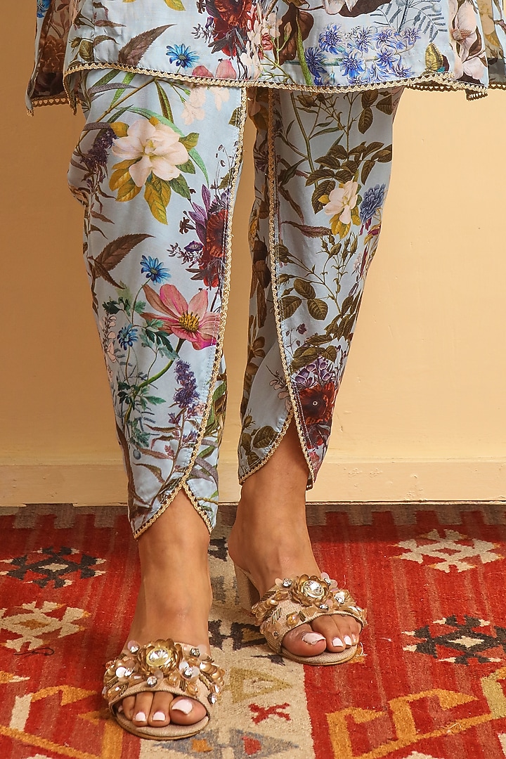 Grey Blue Silk Bemberg Hand Embroidered Kurta Set by Sage Saga at Pernia's Pop Up Shop