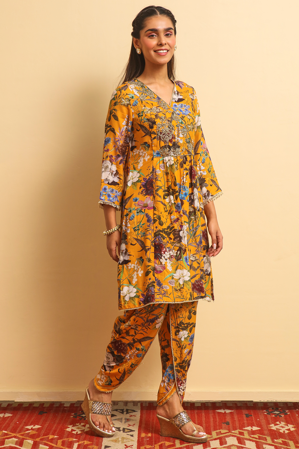 Mustard Silk Bemberg Hand Embroidered Kurta Set by Sage Saga at Pernia's Pop Up Shop