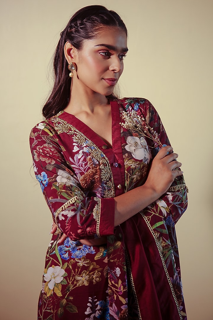 Wine Silk Bemberg Hand Embroidered Kurta Set by Sage Saga at Pernia's Pop Up Shop