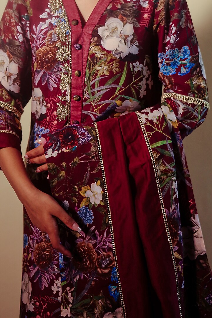 Wine Silk Bemberg Hand Embroidered Kurta Set by Sage Saga at Pernia's Pop Up Shop