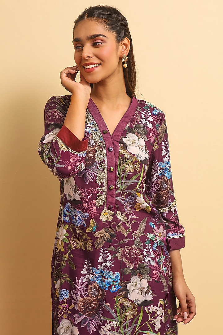 Wine Silk Bemberg Hand Embroidered Kurta Set by Sage Saga at Pernia's Pop Up Shop