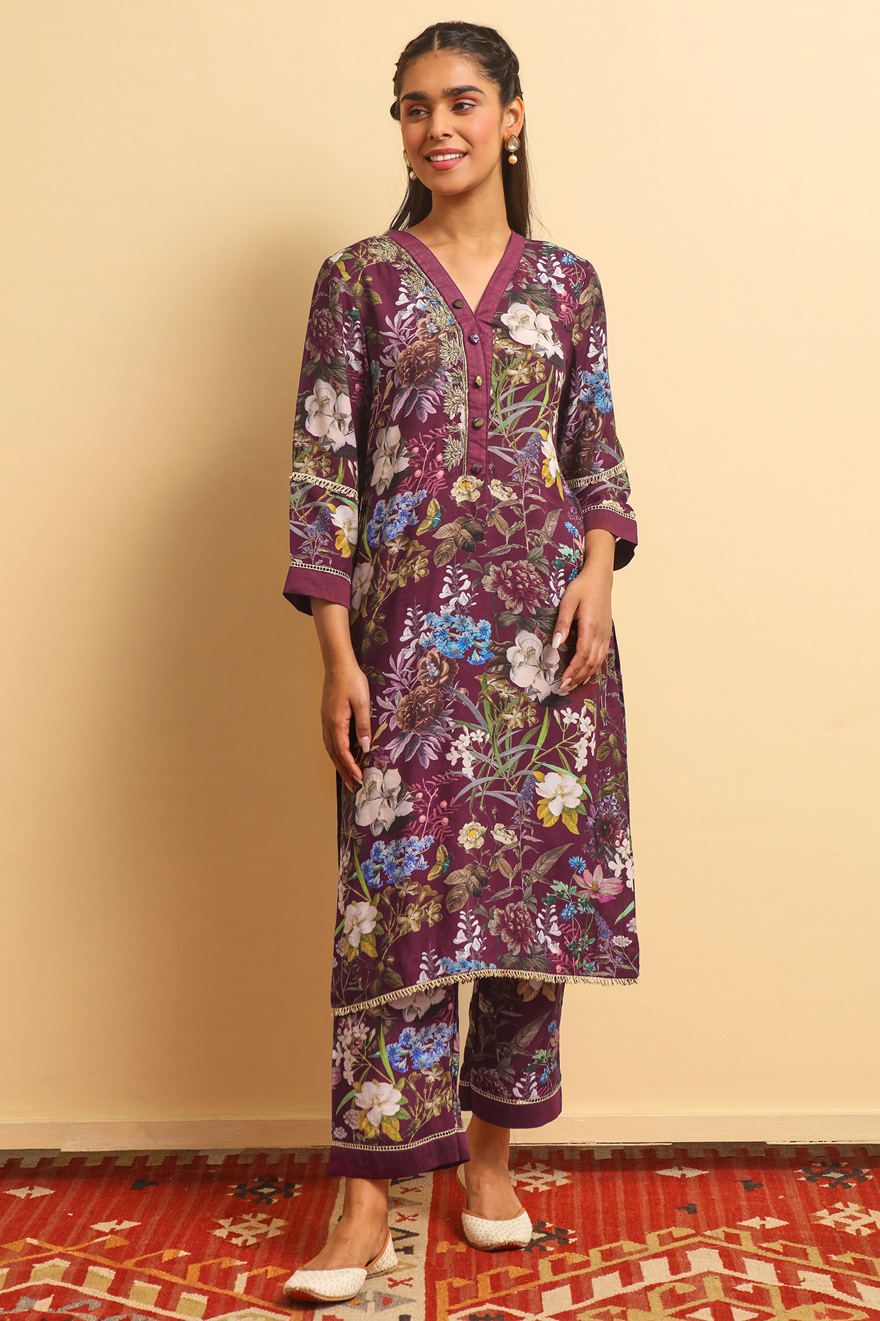 Wine Silk Bemberg Hand Embroidered Kurta Set by Sage Saga