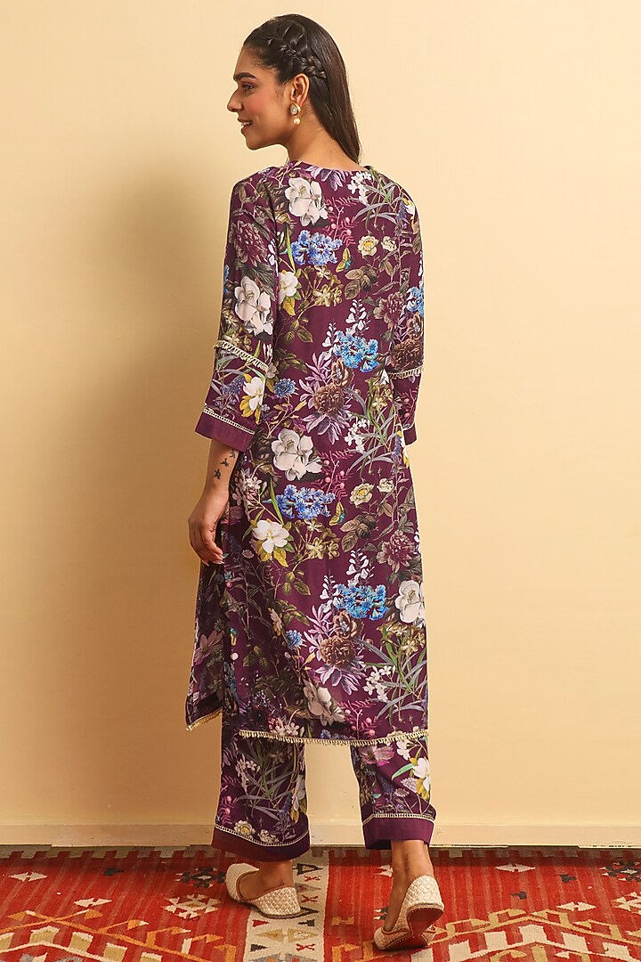 Wine Silk Bemberg Hand Embroidered Kurta Set by Sage Saga at Pernia's Pop Up Shop
