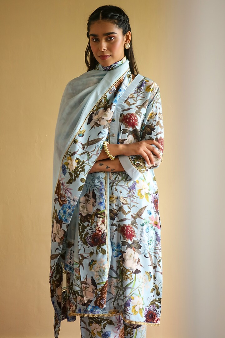 Grey Blue Silk Bemberg Hand Embroidered Kurta Set by Sage Saga at Pernia's Pop Up Shop