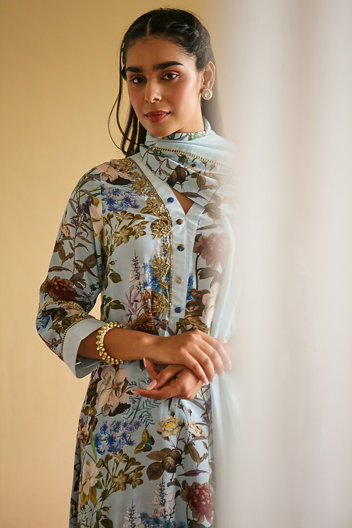 Grey Blue Silk Bemberg Hand Embroidered Kurta Set by Sage Saga at Pernia's Pop Up Shop