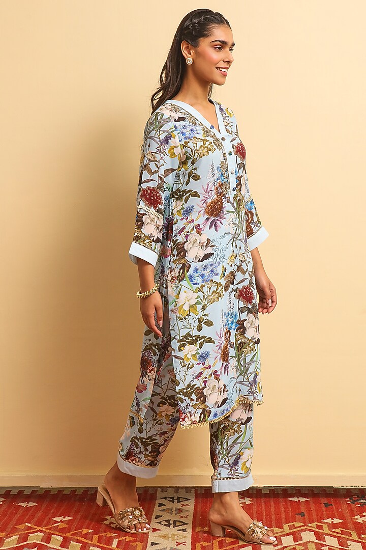 Grey Blue Silk Bemberg Hand Embroidered Kurta Set by Sage Saga at Pernia's Pop Up Shop