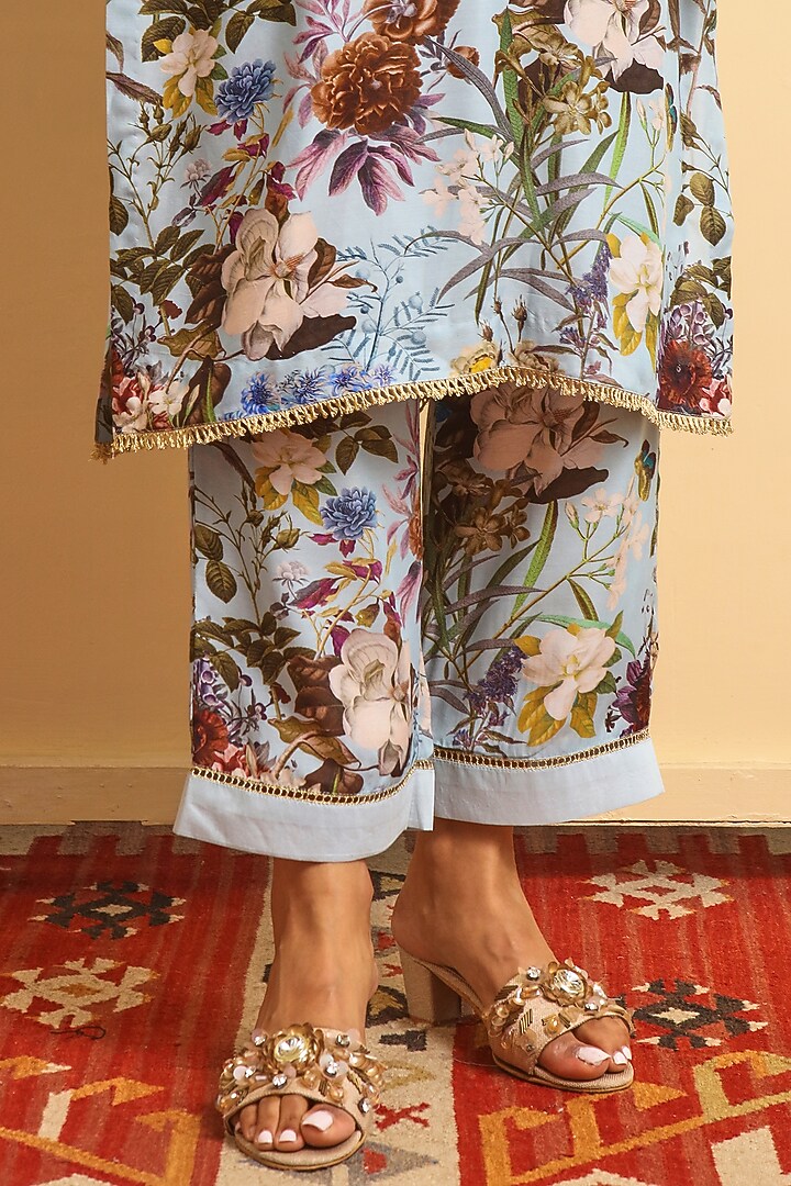 Grey Blue Silk Bemberg Hand Embroidered Kurta Set by Sage Saga at Pernia's Pop Up Shop