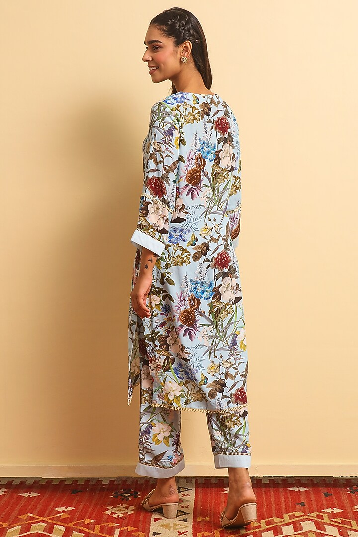 Grey Blue Silk Bemberg Hand Embroidered Kurta Set by Sage Saga at Pernia's Pop Up Shop