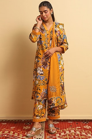 Mustard Silk Bemberg Hand Embroidered Kurta Set by Sage Saga
