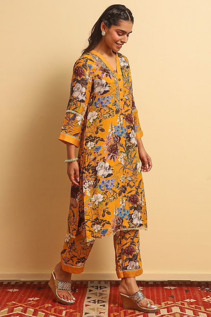 Mustard Silk Bemberg Hand Embroidered Kurta Set by Sage Saga at Pernia's Pop Up Shop