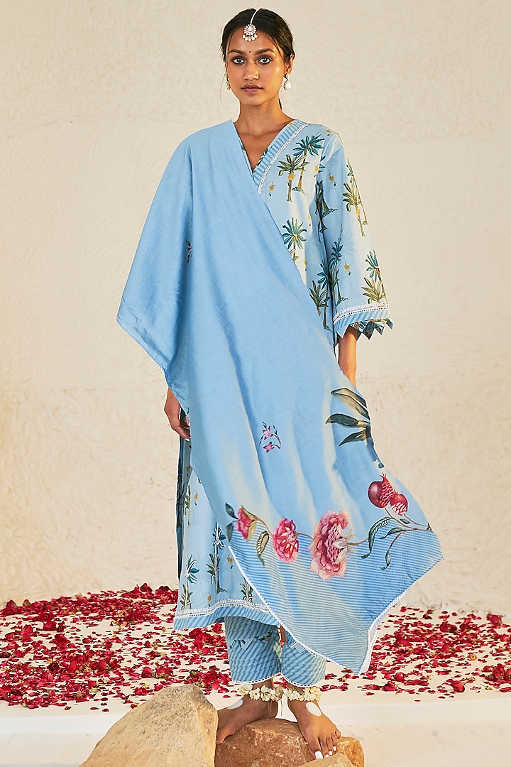 Blue Lawn Cotton Embroidered & Printed Kurta Set by Sage Saga