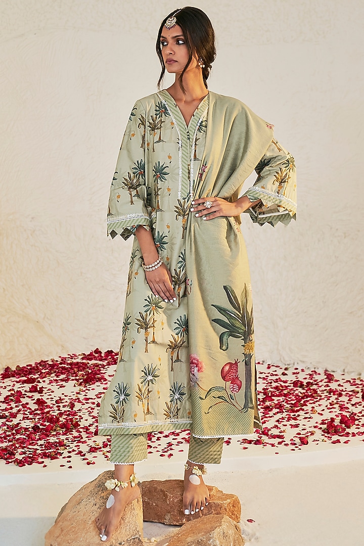 Green Lawn Cotton Embroidered & Printed Kurta Set by Sage Saga at Pernia's Pop Up Shop