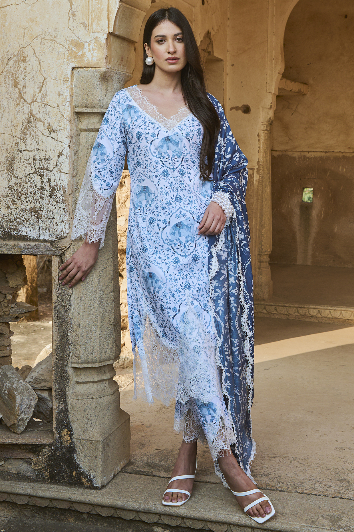 Blue Lawn Cotton Printed & Chantilly Lace Kurta Set by Sage Saga at Pernia's Pop Up Shop