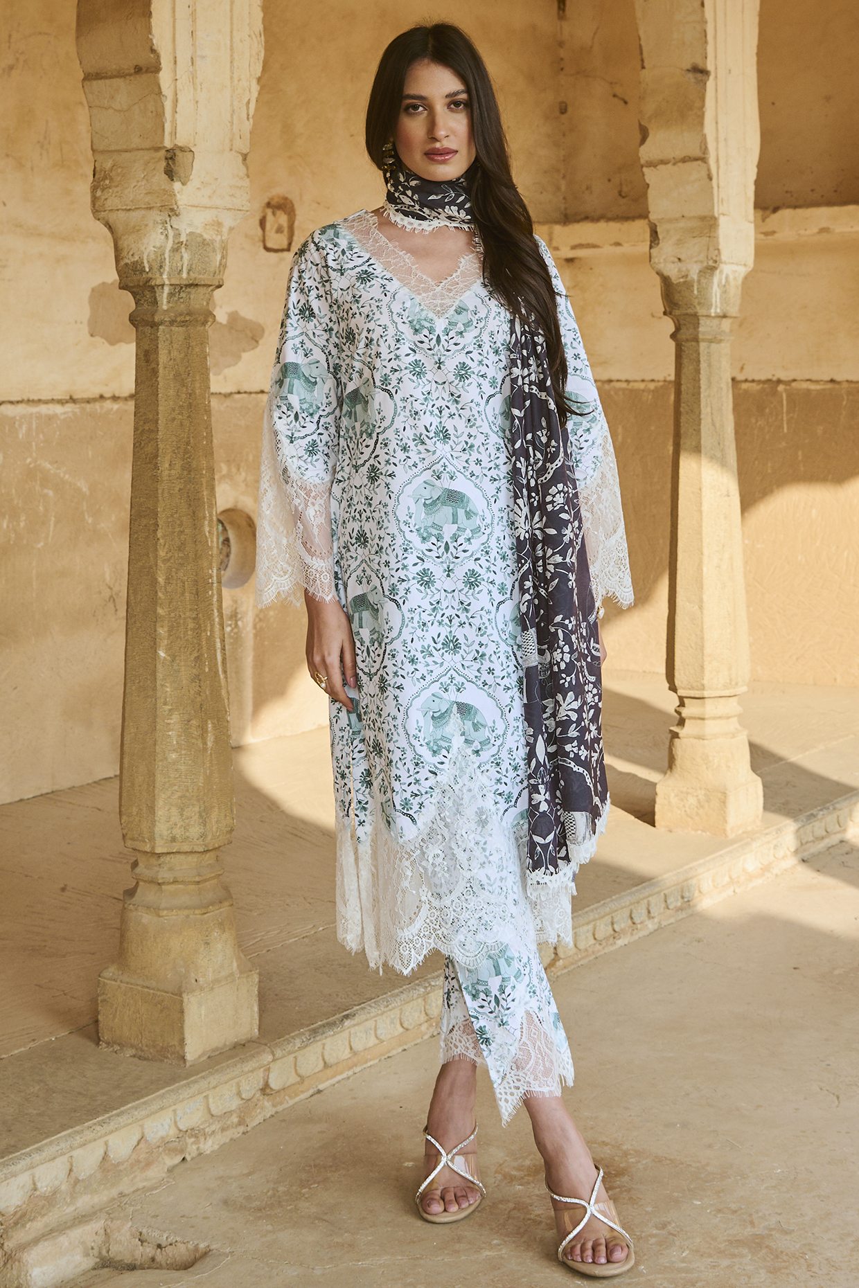 Forest Green Lawn Cotton Printed & Chantilly Lace Kurta Set by Sage Saga at Pernia's Pop Up Shop