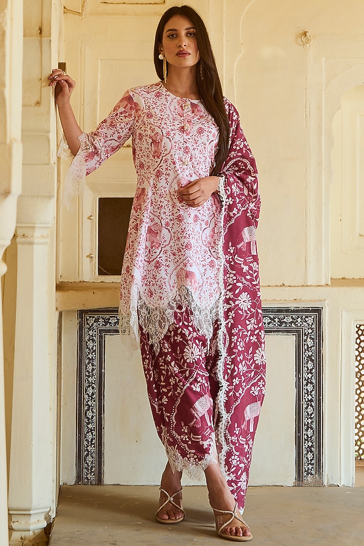Burgundy Lawn Cotton Printed & Chantilly Lace Kurta Set by Sage Saga at Pernia's Pop Up Shop