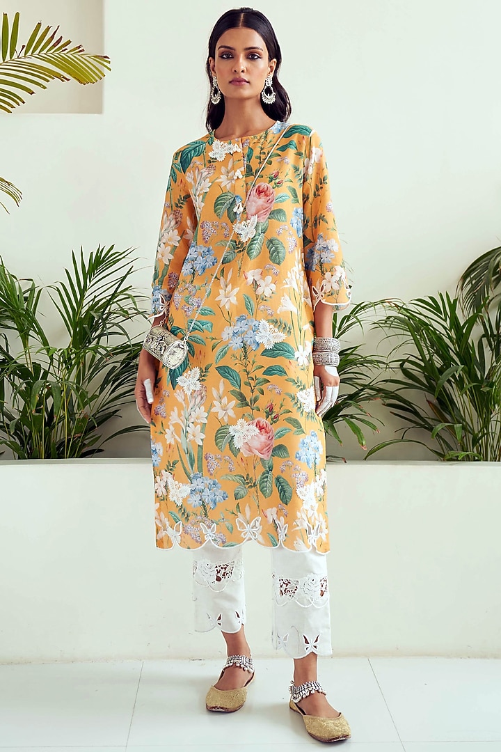 Yellow Lawn Cotton Printed Kurta by Sage Saga at Pernia's Pop Up Shop