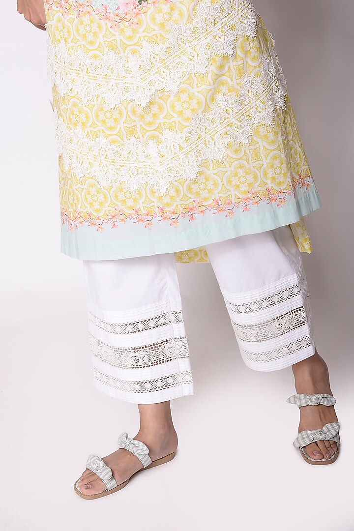 White Palazzo Pants With Crochet Lace Inserts by Sage Saga at Pernia's Pop Up Shop