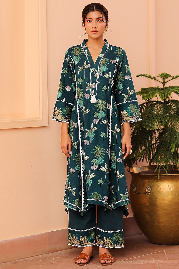 Dark Green Tropical Phiran Kurta by Sage Saga at Pernia's Pop Up Shop