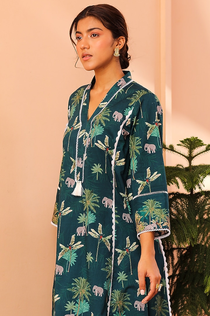 Dark Green Tropical Phiran Kurta by Sage Saga at Pernia's Pop Up Shop