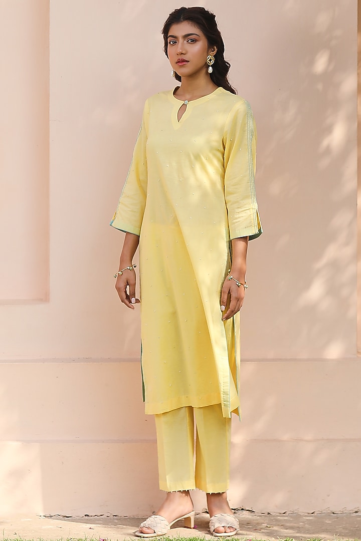 Yellow Cotton Embroidered Kurta Set by Sage Saga at Pernia's Pop Up Shop