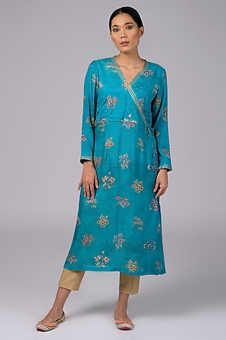 Turquoise Printed Kurta With Pants by Sage Saga