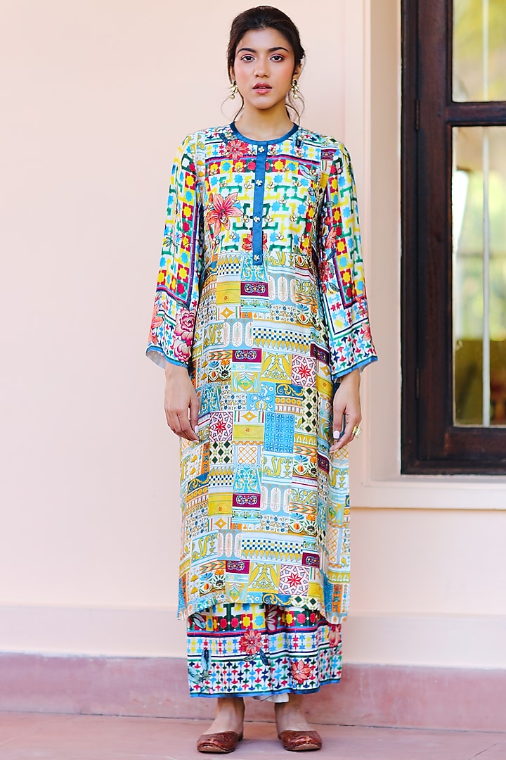 Multi-Coloured Satin Silk Embroidered Kurta by Sage Saga at Pernia's Pop Up Shop