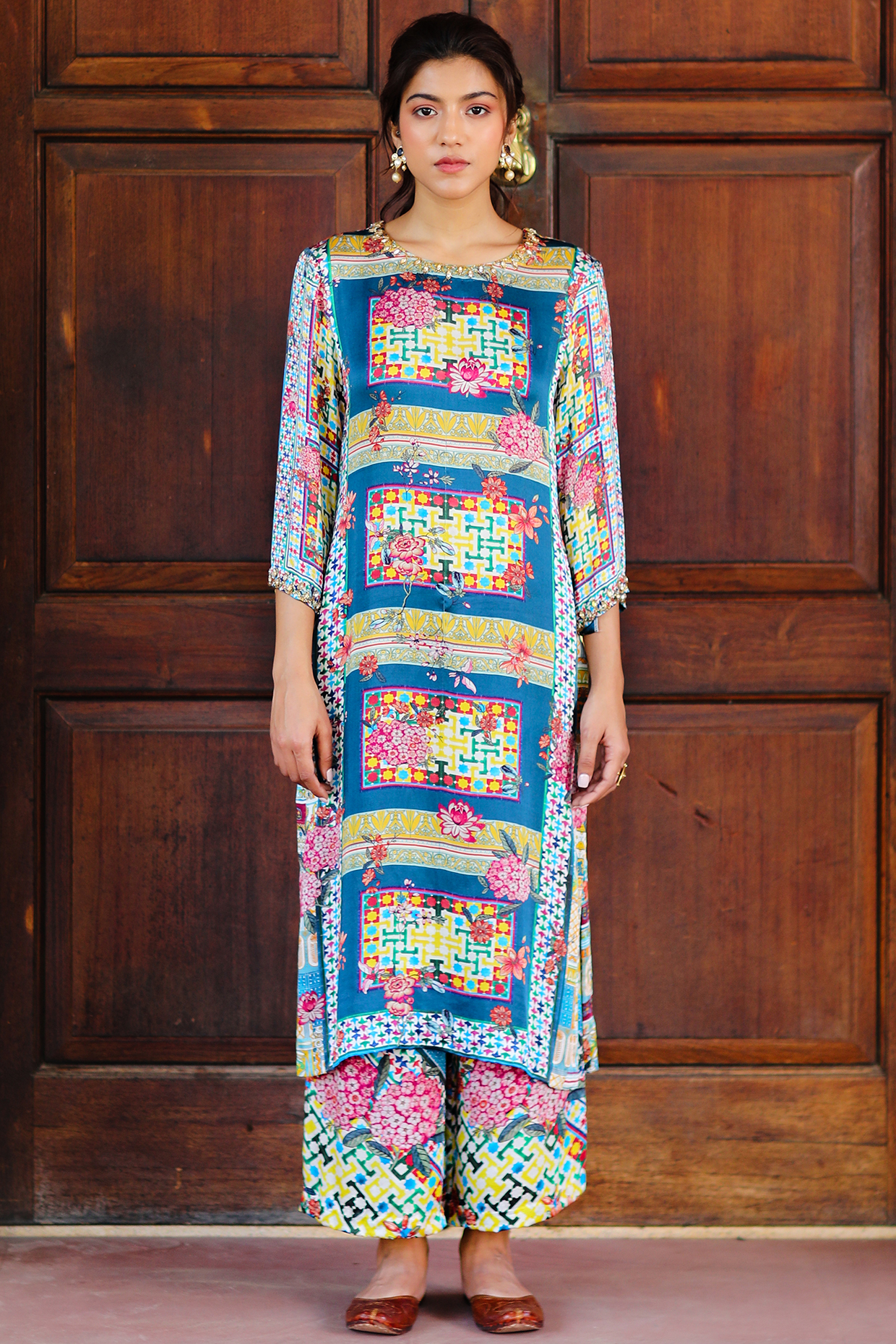 Multi-Coloured Satin Silk Printed Kurta Set by Sage Saga at Pernia's Pop Up Shop