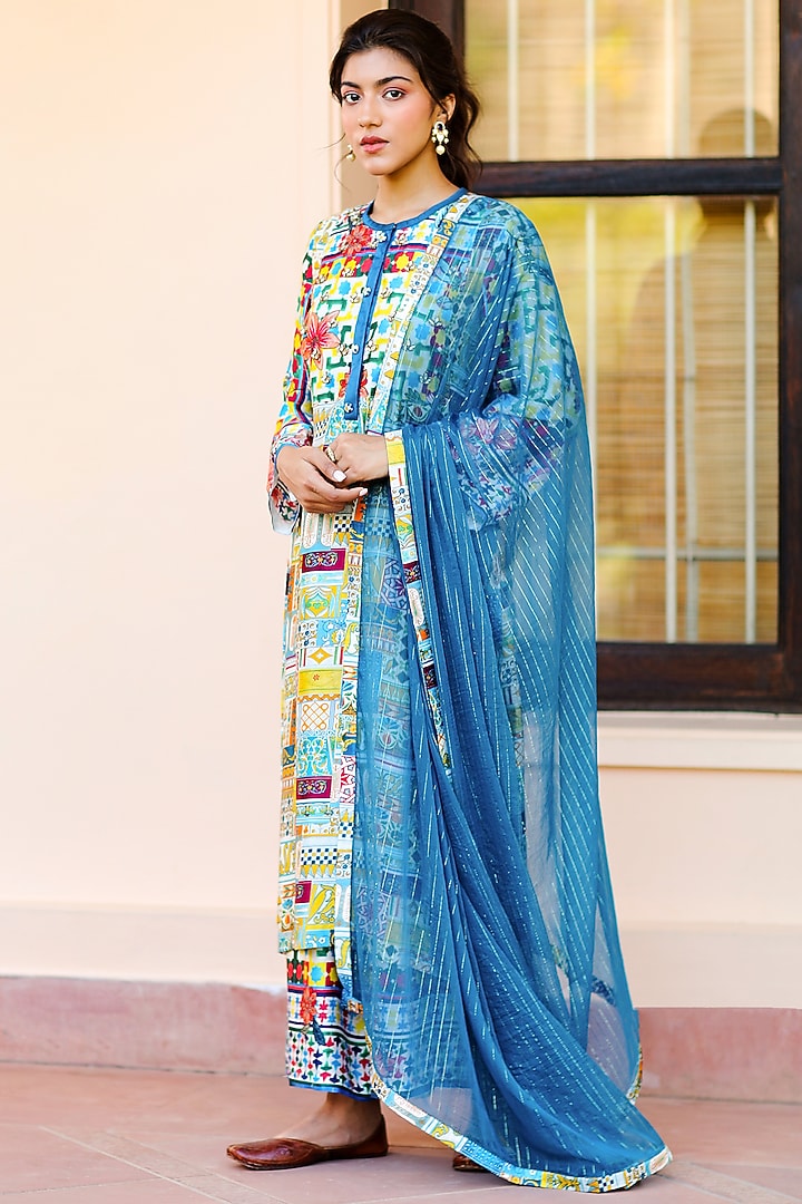 Peacock Blue Chiffon Dupatta by Sage Saga at Pernia's Pop Up Shop
