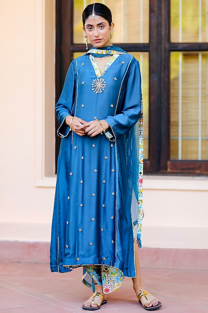 Peacock Blue Hand Embroidered Kurta Set by Sage Saga at Pernia's Pop Up Shop