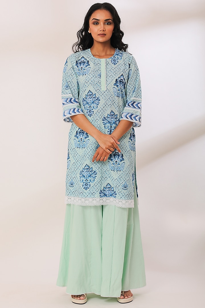 Mint Cotton Striped Gharara Set by Sage Saga at Pernia's Pop Up Shop
